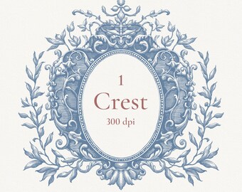 Crest for Celebration png, Floral border, ink draw, Baroque Illustration, line art frames, Digital, transparent, logo, Fine art Frame, blue