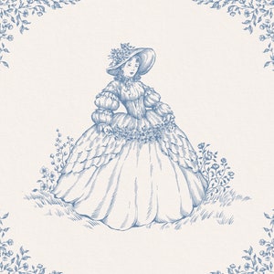 May include: A blue and white illustration of a woman in a dress and hat standing in a field of flowers.