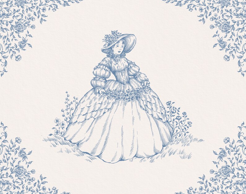 May include: A blue and white illustration of a woman in a dress and hat standing in a field of flowers.