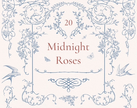 Midnight Roses, Png Clipart pack, Wedding invitation design, Modern ornament, victorian frames, vintage borders, botanical illustrations