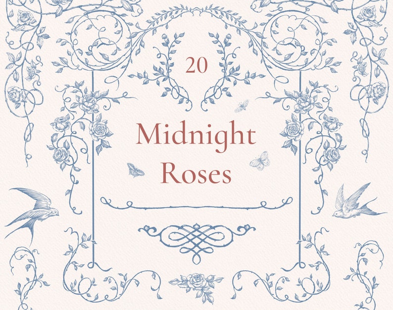 May include: A set of 20 blue and white floral illustrations featuring roses, vines, and birds. The text "Midnight Roses" is written in red.