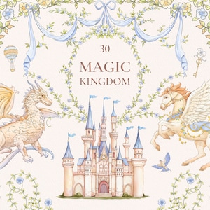 Magic Kingdom Png, clipart château aquarelle, anniversaire de bébé, princesse, prince, cadres floraux, cheval dragon, oiseau pégase, clipart de conte de fées