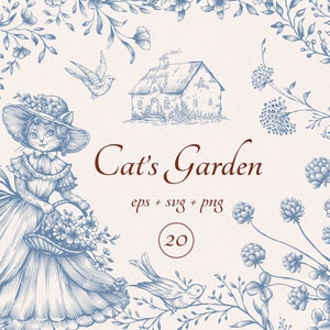 猫の庭 ブルー eps、svg、png、植物のクリップアート、花の線画、インクのデジタルフレーム、結婚式の紋章、ベクターブーケ、赤いフレーム、美術