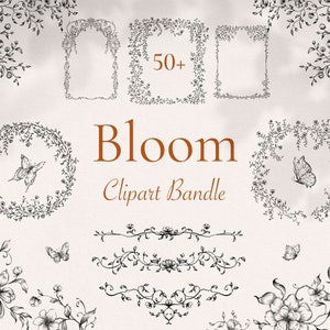 Bloom Clipart Bandle Mais de 50 itens Molduras florais Coroas, Clip art de animais Arte de linha Desenhado à mão Buquês de casamento Ilustrações botânicas Bordas