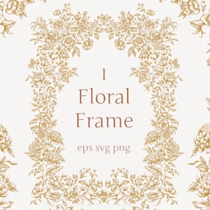 秋の花のフレーム PNG EPS SVG、花のクリップアート、結婚式のフレーム、金枠、植物の線画、手描きの花、招待状のデザイン、ヴィンテージ