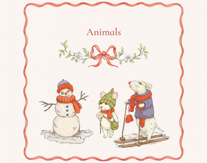 May include: A watercolor illustration of a snowman, a mouse on skis, and a small animal wearing a green hat and red scarf. The illustration is titled "Animals" and features a floral design above the title.