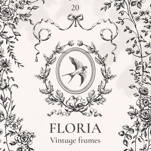 Clipart floreale vintage Floria PNG, cornici barocche, bordi botanici, uccelli, stemma nuziale, disegno al tratto, clipart disegnata a mano, design vittoriano