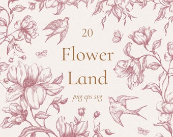 Puede incluir: Una ilustración digital de 20 flores rosas y blancas con hojas y mariposas. El texto "20 Flower Land png eps svg" está en el centro de la imagen.