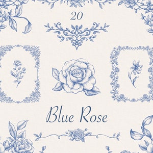 Blaue Rose Floral Clipart, PNG Digitale Rosen, Rahmen, Borders, Blumen, Line Art Handgemachte Clip Art, Tuschezeichnungen, Blätter