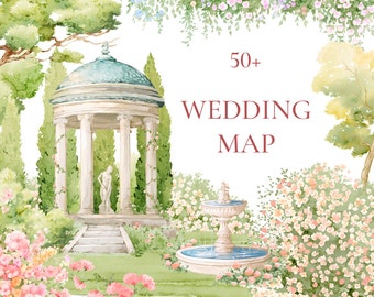 Wedding Map Creator, Watercolor wedding clipart, illustration, png painted, wedding elements, animal, horses, gazebo, hand-drawn, Bouquets