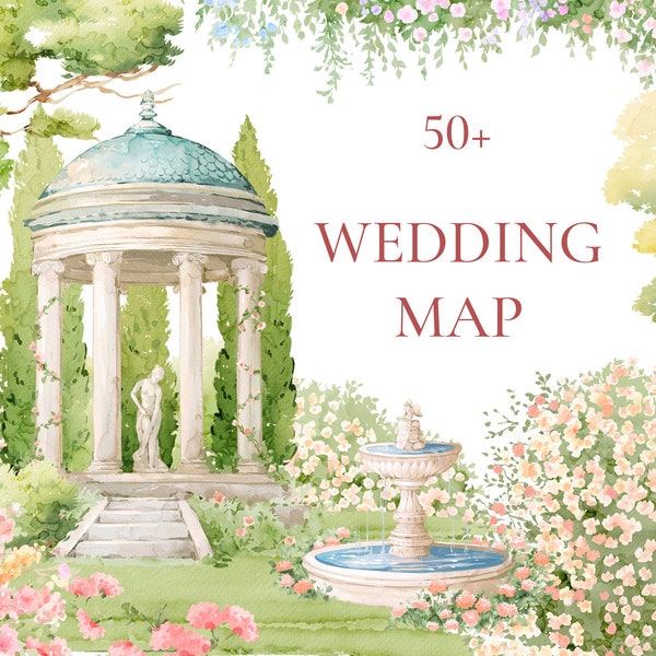 Wedding Map Creator, Watercolor wedding clipart, illustration, png painted, wedding elements, animal, horses, gazebo, hand-drawn, Bouquets