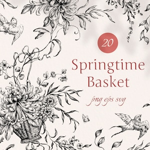 Springtime basket Black Png Eps Svg Floral Frames Handgemaakte clipart, Line art Bloemen, Botanische tekeningen Zomer, Inkt Bruiloft clipart Boeket