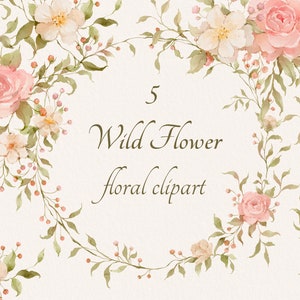 Clipart de flores silvestres em PNG, clipart de coroa de flores em aquarela, ilustrações de flores silvestres de verão e primavera, moldura redonda digital