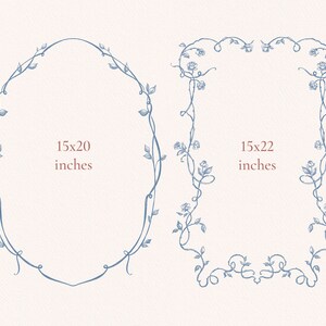 May include: Two blue floral frames on a white background. The frame on the left is oval shaped and measures 15x20 inches. The frame on the right is rectangular and measures 15x22 inches.
