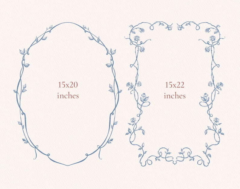 May include: Two blue floral frames on a white background. The frame on the left is oval shaped and measures 15x20 inches. The frame on the right is rectangular and measures 15x22 inches.