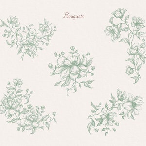 May include: Five hand-drawn illustrations of bouquets of flowers in a vintage style. The flowers are drawn in shades of green on a white background. The word "Bouquets" is written in brown at the top of the image.