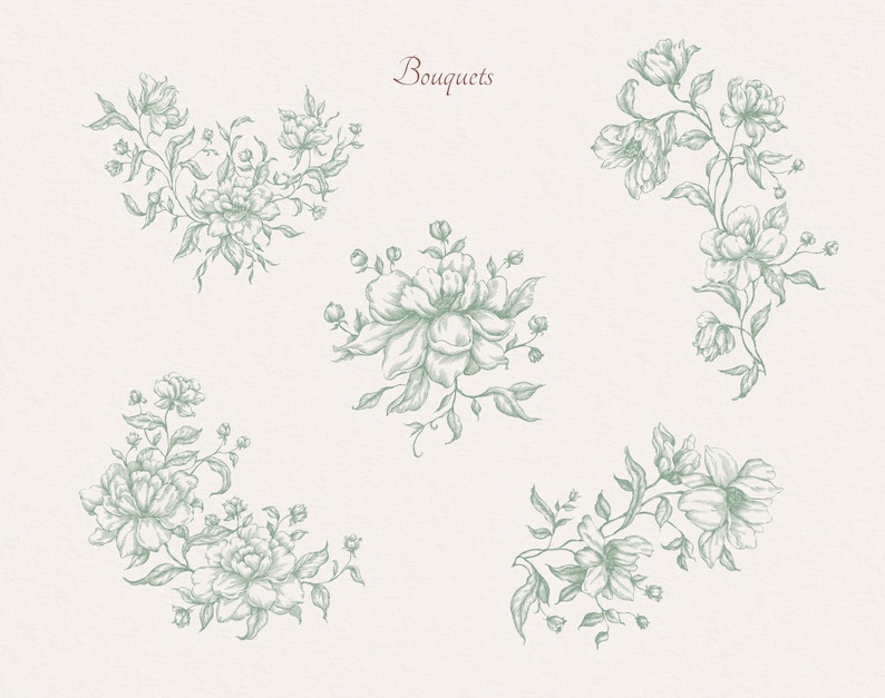 May include: Five hand-drawn illustrations of bouquets of flowers in a vintage style. The flowers are drawn in shades of green on a white background. The word "Bouquets" is written in brown at the top of the image.