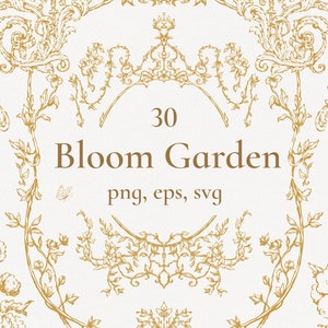 Bloom Garden Gold, Wedding bouquets, Vintage Borders, Baroque Frames, Victorian clipart, Floral Crest, Bow, Botanical line art, Digital draw