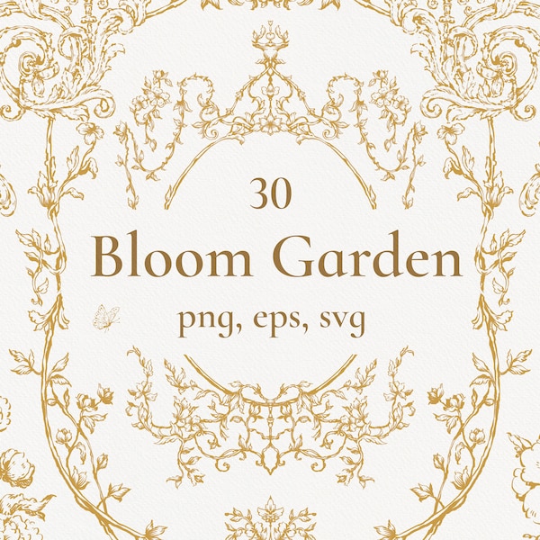 Bloom Garden Gold, Wedding bouquets, Vintage Borders, Baroque Frames, Victorian clipart, Floral Crest, Bow, Botanical line art, Digital draw