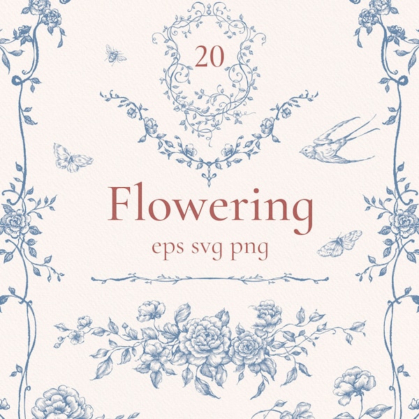 Marcos florales clásicos de floración, Eps Svg Png, diseño de bodas, bordes de flores, ramo de cumpleaños, marco victoriano, jardín de rosas, arte lineal