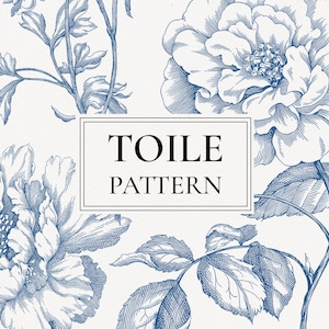 Clipart png bleu motif toile, fleurs numériques, bouquet de mariage, motifs floraux sans couture, roses, pivoine, dessins Français, dessin au trait de Jouy