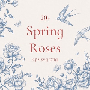 Frühlings-Rosen-Weinlese Clipart, Png Eps svg Hochzeitssträuße, Blumenrahmen-Skizze, Blume des viktorianischen Stils, digitale Ränder, handgezeichnete Rose