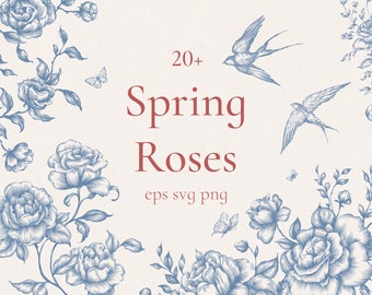 Spring Roses Vintage Clipart, Png Eps Svg Wedding bouquets, Floral frame Sketch, Victorian style flower, digital borders, hand-drawn rose