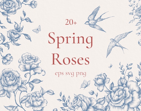 Spring Roses Vintage Clipart, Png Eps Svg Wedding bouquets, Floral frame Sketch, Victorian style flower, digital borders, hand-drawn rose