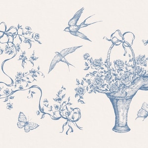 May include: A blue and white floral illustration with a basket of roses, two birds, and two butterflies. The illustration is in a vintage style.