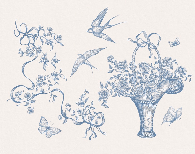 May include: A blue and white floral illustration with a basket of roses, two birds, and two butterflies. The illustration is in a vintage style.