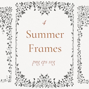 Zomer Frames 4 Png Eps Svg Floral randen bloem clipart, Vintage bruiloft, Victoriaanse stijl frame, Vector-items, handgetekende illustraties, Bw