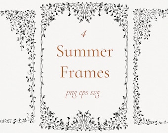 Könnte beinhalten: Vier Sommerrahmen mit floralen Rankenmustern in Schwarz. Die Rahmen sind quadratisch angeordnet, mit dem Text "4 Summer Frames" in der Mitte. Die Dateiformate sind png, eps und svg.
