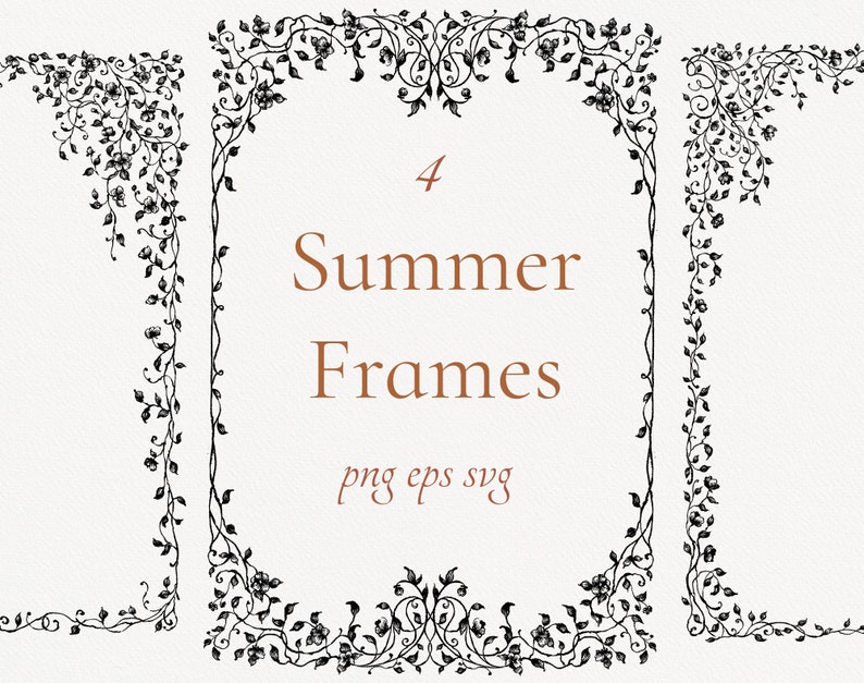 Pu&ograve; includere: Quattro cornici estive con disegni di viti floreali in nero. Le cornici sono disposte a forma quadrata, con il testo "4 Summer Frames" al centro. I formati di file sono png, eps e svg.