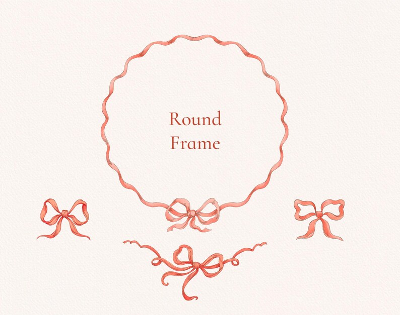 May include: A round frame made of pink ribbon with the text "Round Frame" inside. The frame is decorated with three pink ribbon bows.