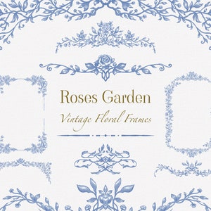 Roses Garden Vintage Blumenrahmen, Fine Line Rahmen Clipart, Hochzeitsrahmen, Sofortiger Download, Handzeichnung