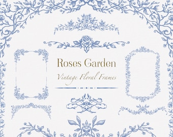 Roses Garden Vintage floral frames, Fine line frame clipart, Wedding frames, Instant download, Hand drawing