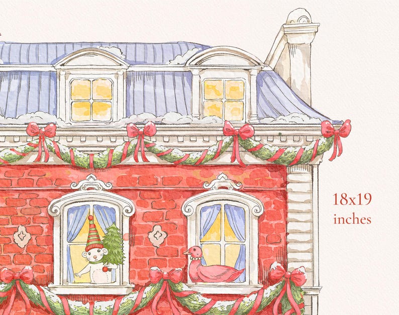 May include: A watercolor illustration of a red brick building with a white roof and snow. The building has two windows with red curtains and a mouse wearing a Santa hat looking out of one of the windows. The building is decorated with red and green Christmas garlands. The text "18x19 inches" is written in the bottom right corner of the image.