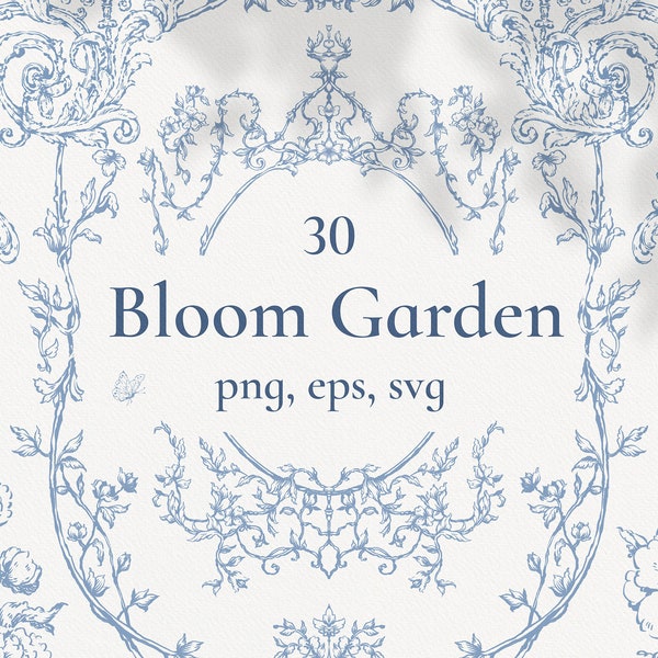 Bloom Garden png eps svg, Baroque line art, Wedding clipart, Victorian frame, Bouquet, Crest, Flowers, Vintage borders, Botanical line art