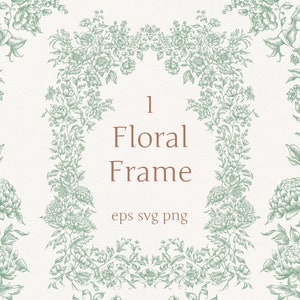 セージグリーンのフレーム、eps png svg、秋の花園、手描きのボーダー、線画のクリップアート、インクのイラスト、ビクトリア朝風のクリップアート、牡丹