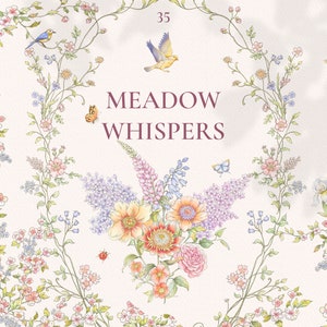 Meadow Whispers, bouquet di clipart acquerellati, cornici, stemmi, bordi, scarabocchi floreali, farfalle, uccelli, iris, peonie, protee, lupini, rose