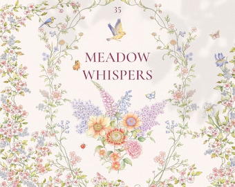 Meadow Whispers Watercolor clipart bouquets, frames, crests, borders, floral doodles, butterflies, birds, iris, peony, protea, lupine, rose