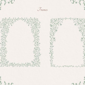 May include: Two decorative frames with a floral design. The frames are made of a light green color and have a simple, elegant style. The word "Frames" is written in a light brown color at the top of the image.