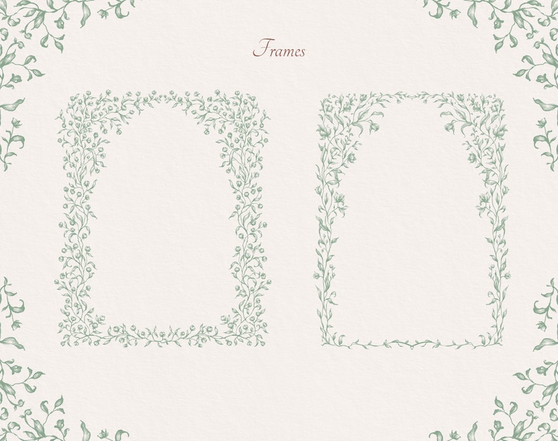May include: Two decorative frames with a floral design. The frames are made of a light green color and have a simple, elegant style. The word "Frames" is written in a light brown color at the top of the image.