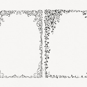 Pu&ograve; includere: Due cornici decorative con intricata arte lineare nera. Una cornice presenta un design simmetrico con vortici e riccioli, mentre l'altra ha un motivo floreale e di vite. Entrambe sono su uno sfondo strutturato bianco sporco.