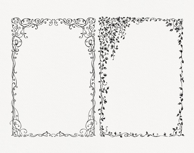 Pu&ograve; includere: Due cornici decorative con intricata arte lineare nera. Una cornice presenta un design simmetrico con vortici e riccioli, mentre l'altra ha un motivo floreale e di vite. Entrambe sono su uno sfondo strutturato bianco sporco.