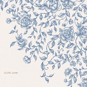 May include: A blue and white floral pattern with a vintage aesthetic. The pattern features roses, leaves, and vines.