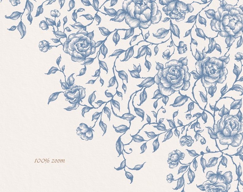May include: A blue and white floral pattern with a vintage aesthetic. The pattern features roses, leaves, and vines.
