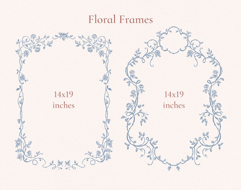 May include: Two blue floral frames with a vine and rose design. The frames are 14 inches by 19 inches.