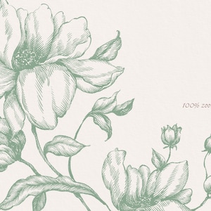 May include: A vintage style illustration of green flowers and leaves on a white background. The image has the text "100% zoom" in the bottom right corner.