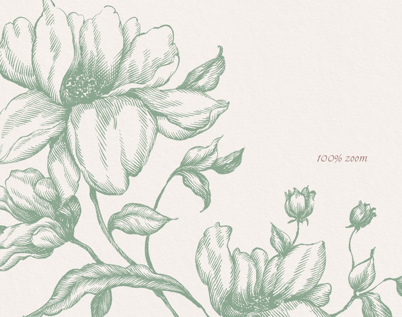 May include: A vintage style illustration of green flowers and leaves on a white background. The image has the text "100% zoom" in the bottom right corner.